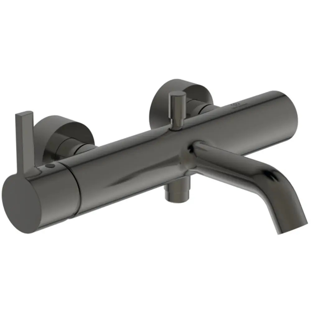 Wandmontierte Badarmatur in dunkler Farbgebung mit zwei Bedienhebeln, gefertigt von Ideal Standard. Das Design ist minimalistisch und funktional.